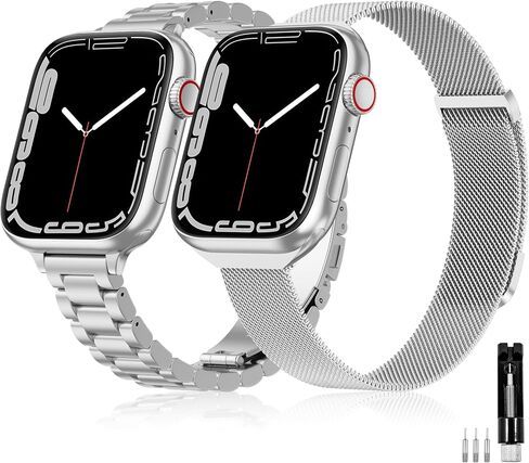 2 Pack Slim Stainless Steel Band & Milanese Mesh Strap Compatible with Apple Watch Band 38mm 40mm 41mm 42mm(s10), Thin Metal Replacement Bands for iWatch Series SE 10 9 8 7 6 5 4 3 2 1 in Saudi Arabia