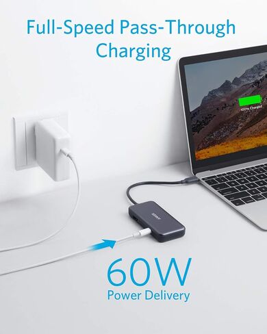 Anker USB C Hub، محول USB C 4 في 1، مع 4K USB C إلى HDMI، 2 منافذ USB 3.0، منفذ شحن توصيل الطاقة 60 واط لجهاز MacBook Pro 2016/2017/2018، ChromeBook، XPS، والمزيد (رمادي فلكي) in Saudi Arabia