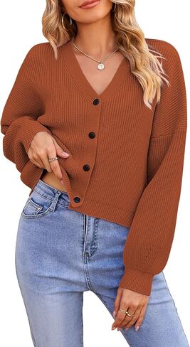 Pink Queen Women's 2023 Fall Button Down V Neck Batwing Long Sleeve Ribbed Knit Cropped Cardigan Sweater Top in Kuwait