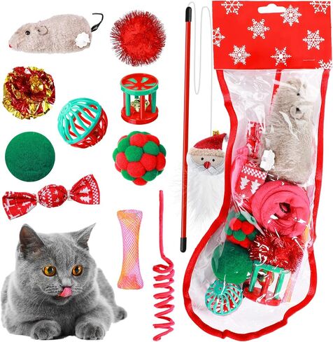 Sratte 12 Pieces Christmas Stocking Cat Toys Sets Christmas Cat Toys Stocking Stuffers Christmas Interactive Kitten Toys with Mouse, Squeaky Toys, Balls, Cat Teaser for Indoor Cats in Saudi Arabia