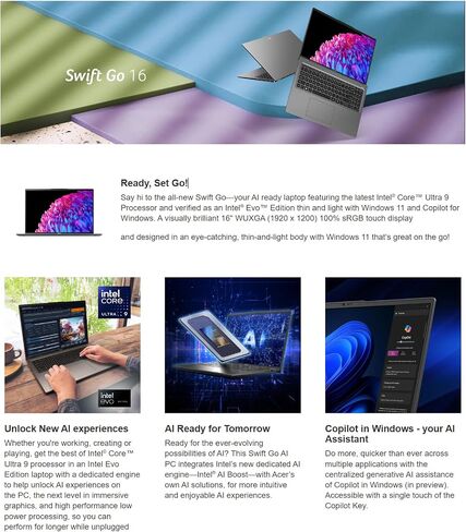 acer Swift Go 16" Copiolot+ AI Laptop, 16:10 Touchscreen, Intel EVO Core Ultra 9-185H(Beats i9-12900HK), Wi-Fi 7, QHD Webcam, win11, w/Cloth (32GB RAM | 1TB SSD) in Saudi Arabia