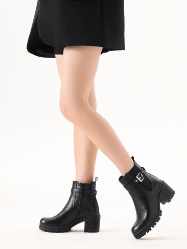 حذاء تشيلسي من Shoe'N Tale للنساء أحذية الكاحل ونعل عروة وكعب متوسط ​​مكتنز ومنصة دائرية عند الأصابع وإبزيم سهل الارتداء ومرن ومريح in Saudi Arabia