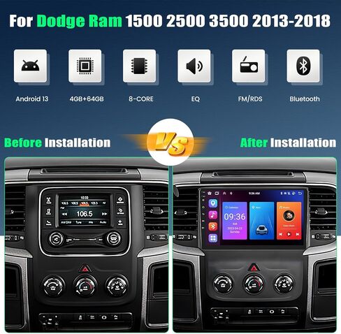 [4+64G] 8-Core Android 13 Car Stereo for Dodge Ram 1500 2500 3500 2013-2018(Manual AC) with Carplay&Android Auto,9 Inch Car Radio with Mirror Link Bluetooth FM/RDS WiFi GPS SWC Dual USB+Backup Camera in Saudi Arabia