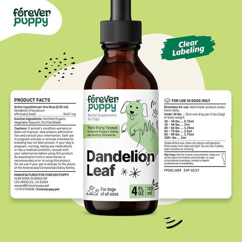 Dandelion Leaf Tincture for Dogs - Kidney Supplements for Dogs of All Breeds & Sizes - Dandelion Drops for Dogs - Herbal Dog Kidney Supplement - Vegan Kidney and Bladder Support Vitamins - 2 oz in Saudi Arabia