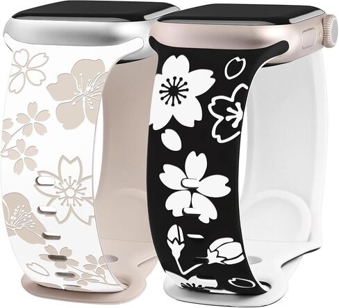 W-RARA 2 Pack Floral Engraved Bands Compatible with Apple Watch Bands 41mm 40mm 38mm 45mm 44mm 42mm 49mm 46mm Women, Two-Tone Cute Flower Sport Straps for iWatch Series SE 10 9 8 7 6 5 4 3 2 1 Ultra in Kuwait