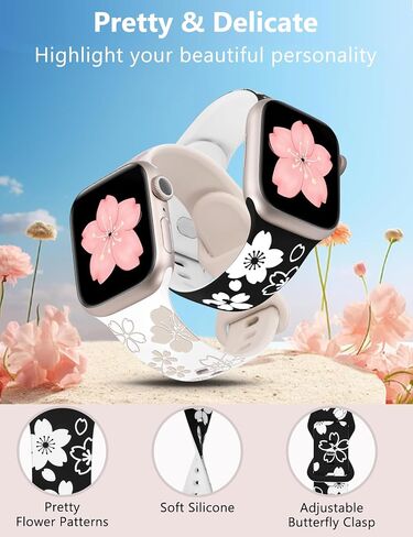 W-RARA 2 Pack Floral Engraved Bands Compatible with Apple Watch Bands 41mm 40mm 38mm 45mm 44mm 42mm 49mm 46mm Women, Two-Tone Cute Flower Sport Straps for iWatch Series SE 10 9 8 7 6 5 4 3 2 1 Ultra in Kuwait