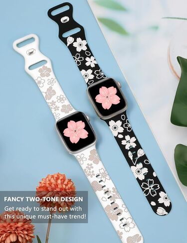 W-RARA 2 Pack Floral Engraved Bands Compatible with Apple Watch Bands 41mm 40mm 38mm 45mm 44mm 42mm 49mm 46mm Women, Two-Tone Cute Flower Sport Straps for iWatch Series SE 10 9 8 7 6 5 4 3 2 1 Ultra in Kuwait