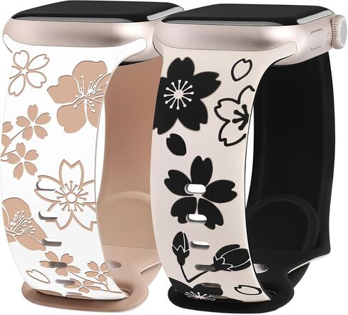 W-RARA 2 Pack Floral Engraved Bands Compatible with Apple Watch Bands 41mm 40mm 38mm 45mm 44mm 42mm 49mm 46mm Women, Two-Tone Cute Flower Sport Straps for iWatch Series SE 10 9 8 7 6 5 4 3 2 1 Ultra in Kuwait