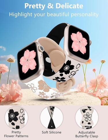 W-RARA 2 Pack Floral Engraved Bands Compatible with Apple Watch Bands 41mm 40mm 38mm 45mm 44mm 42mm 49mm 46mm Women, Two-Tone Cute Flower Sport Straps for iWatch Series SE 10 9 8 7 6 5 4 3 2 1 Ultra in Kuwait
