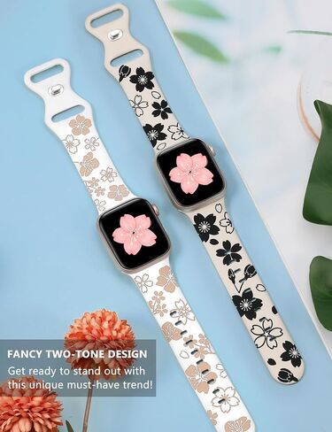 W-RARA 2 Pack Floral Engraved Bands Compatible with Apple Watch Bands 41mm 40mm 38mm 45mm 44mm 42mm 49mm 46mm Women, Two-Tone Cute Flower Sport Straps for iWatch Series SE 10 9 8 7 6 5 4 3 2 1 Ultra in Kuwait