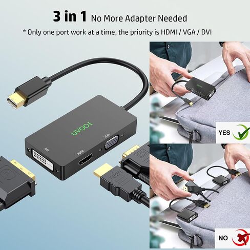 كابل محول Mini DisplayPort إلى HDMI DVI VGA، محول Mini DP 3 في 1 4K HDMI، فيديو VGA/DVI 1080P@60 هرتز (متوافق مع Thunderbolt 2)، ذكر MDP إلى HDMI أنثى لجهاز MacBook Pro/Air/iMac Surface in Kuwait