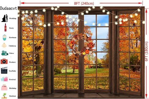 7x5f Fall Photography Backdrop Autumn Forest Scene Window Photography Background Nature Maple Leaf Scenery Photography Thanksgiving Backdrop Banner D733 in Kuwait