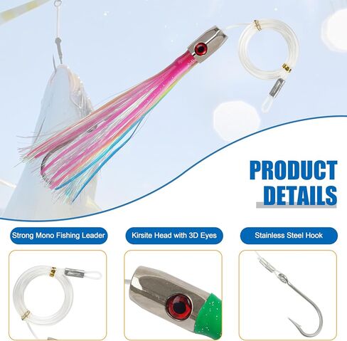 Saltwater Trolling Lures Offshore Big Game Fishing Lures Rigged Circle Hook Bullet Head Squid Skirt Deep Sea Lures for Wahoo Tuna Mahi Marlin Wahoo Shark 6 Colors in Saudi Arabia