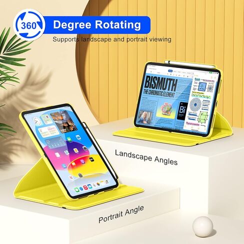 حافظة DTTOCASE الدوارة لجهاز iPad الجيل العاشر 2022، غطاء جلدي قابل للطي لجهاز iPad مقاس 10.9 بوصات مع حامل أقلام رصاص، وحامل حماية دوار 360 درجة، وشريط إغلاق - أصفر in Saudi Arabia
