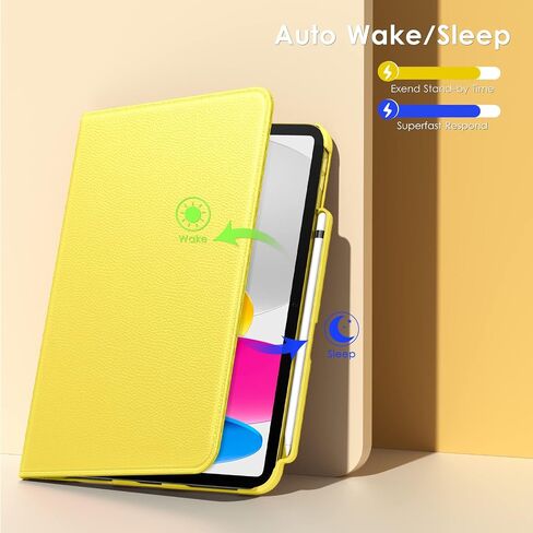 حافظة DTTOCASE الدوارة لجهاز iPad الجيل العاشر 2022، غطاء جلدي قابل للطي لجهاز iPad مقاس 10.9 بوصات مع حامل أقلام رصاص، وحامل حماية دوار 360 درجة، وشريط إغلاق - أصفر in Saudi Arabia