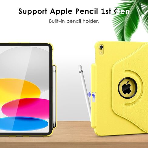 حافظة DTTOCASE الدوارة لجهاز iPad الجيل العاشر 2022، غطاء جلدي قابل للطي لجهاز iPad مقاس 10.9 بوصات مع حامل أقلام رصاص، وحامل حماية دوار 360 درجة، وشريط إغلاق - أصفر in Saudi Arabia