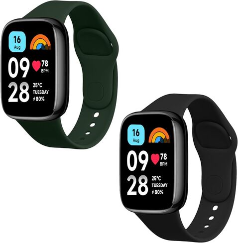 kwmobile Straps Compatible with Xiaomi Redmi Watch 3 Active Straps - 2X Replacement Silicone Watch Bands - Black/Dark Green in Kuwait