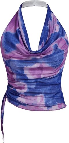 SHENHE Women's Tie Dye Halter Neck Draped Front Ruched Drawstring Backless Crop Top in Saudi Arabia