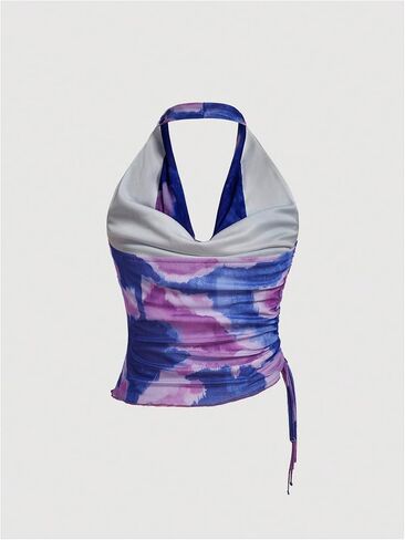 SHENHE Women's Tie Dye Halter Neck Draped Front Ruched Drawstring Backless Crop Top in Saudi Arabia