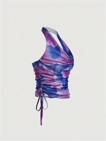 SHENHE Women's Tie Dye Halter Neck Draped Front Ruched Drawstring Backless Crop Top in Saudi Arabia