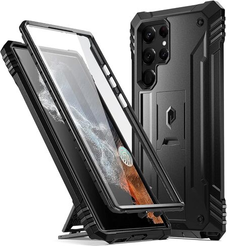 حافظة ثورة شعرية متوافقة مع هاتف Galaxy S22 Ultra 5G مقاس 6.8 بوصة، حافظة حماية متينة مقاومة للصدمات لكامل الجسم مع مسند، واقي شاشة مدمج يعمل مع معرف بصمة الإصبع، أسود in Kuwait