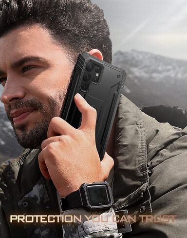 حافظة ثورة شعرية متوافقة مع هاتف Galaxy S22 Ultra 5G مقاس 6.8 بوصة، حافظة حماية متينة مقاومة للصدمات لكامل الجسم مع مسند، واقي شاشة مدمج يعمل مع معرف بصمة الإصبع، أسود in Kuwait