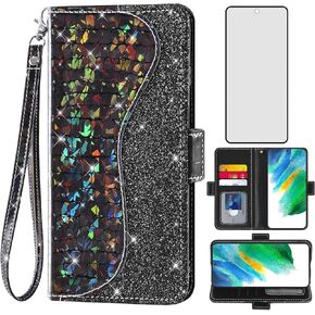 Asuwish Phone Case for Samsung Galaxy S21 FE Gaxaly S 21 FE 5G Wallet Cover with Screen Protector and Wrist Strap Flip Card Holder Bling Glitter Cell Glaxay S21FE5G UW S21FE 21S G5 Women Girls Black