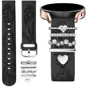 Wildflower Engraved Bands Compatible with Samsung Galaxy Watch 7 FE 6 4 5 Band 40mm 44mm, Galaxy Active 2, 20mm Soft Silicone Replacement Strap with Cute Decorative Charms Rings Accessories for Women