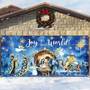 Christmas Nativity Garage Door Decoration Cover, Large Christmas Jesus Birthday Garage Door Banner Backdrop, Joy to The World Winter Holiday Supplies Party Background for Photo Decor 16X7FT