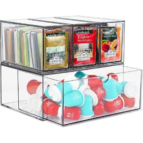 4 Acrylic Coffee Pod Holder Drawer, Stackable K Cup and Tea Bag Organizer, Tea Bag Storage Organizer for Kitchen Organizers and Storage, Multi-Functional Kitchen Organizer, Home Organizer (Clear)