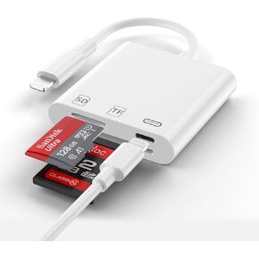 SD Card Reader for iPhone, [Apple MFi Certified] 3-in-1 Memory Card Reader Adapter with Charging Port and SD/Micro SD Card Slot, Trail Game Camera SD Card Reader Viewer - Plug and Play