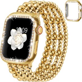 Beaded Bracelet & Bling Case Compatible With Apple Watch Band 40mm 44mm 45mm 41mm 38mm 42mm Women, Dressy Fancy Cute Stretchy Elastic Metal Beads iPhone Strap For iwatch Series 9 8 7 6 5 4 3 2 1 Se