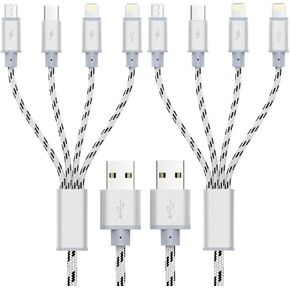 Multi Charging Cable 2Pack 1Ft Short Multi Charging Cord Braided 4 in 1 Multiple USB Cable Charger Cable with Lightning/Type C/Micro USB Port for Cell Phone, iPhone, Galaxy, PS, Tablets & More