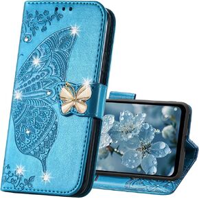 for Galaxy S24 FE Phone Case Wallet, Women Flip Folio PU Leather Protective Case Wrist Strap Card Slots Holder Stand Case for Samsung Galaxy S24 FE Diamond Butterfly Rose Gold SD