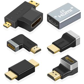 HDMI 90 and 270 Degree Adapter 6Pack, Right Angle HDMI 2.1 Male to Female, Include Mini HDMI, Micro HDMI, Female to Female / Male to Male L Adapter Combo, Gold-Plated 3D & 4K Supported TV Connector