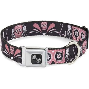 Dog Collar Seatbelt Buckle Sugar Skulls Gray Pink 15 to 26 Inches 1.0 Inch Wide
