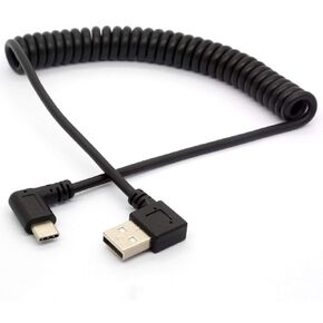 Coiled USB Type C Cable, Angled USB C to USB A 2.0 Extension Cord 90 Degree USB C Adapter Lead (USB 2.0 Left)