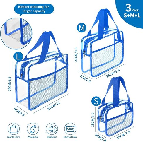 XEWEA Clear Travel Toiletry Bags, 3 Pack TSA Approved Transparent Makeup Bag for Men Women, Large Waterproof PVC Quart Organizer Kit with Zipper for Toiletries Airline Essentials,Toy Storage Pouch in Saudi Arabia