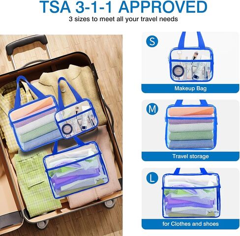 XEWEA Clear Travel Toiletry Bags, 3 Pack TSA Approved Transparent Makeup Bag for Men Women, Large Waterproof PVC Quart Organizer Kit with Zipper for Toiletries Airline Essentials,Toy Storage Pouch in Saudi Arabia
