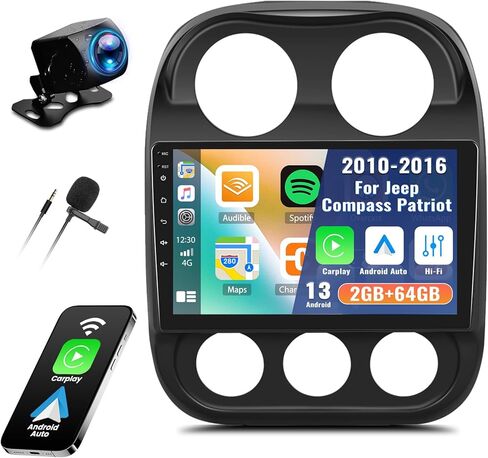 2G+64G Android 13 ستيريو سيارة لسيارة Jeep Compass Patriot 2010-2016 راديو لاسلكي Apple Carplay Android Auto GPS Navigation 10.1 بوصة شاشة لمس بلوتوث Hi-Fi Audio/WiFi/SWC/USB+كاميرا احتياطية وميكروفون in Kuwait
