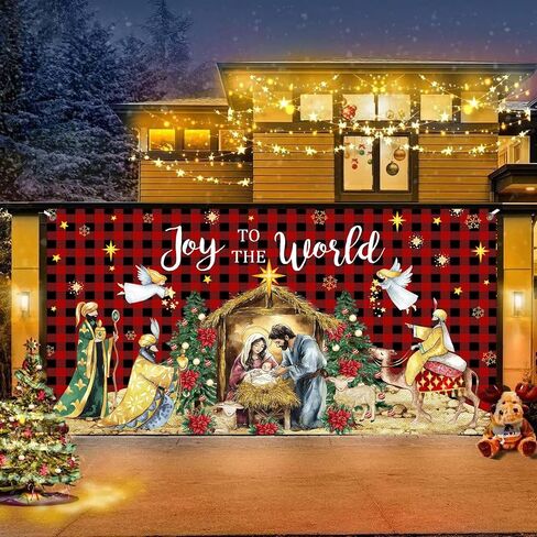 Christmas Nativity Garage Door Decoration Cover, Large Christmas Jesus Birthday Garage Door Banner Backdrop, Joy to The World Winter Holiday Supplies Party Background for Photo Decor 16X7FT in Saudi Arabia
