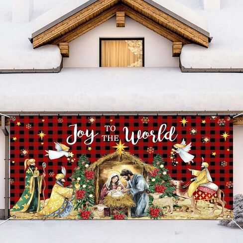 Christmas Nativity Garage Door Decoration Cover, Large Christmas Jesus Birthday Garage Door Banner Backdrop, Joy to The World Winter Holiday Supplies Party Background for Photo Decor 16X7FT in Saudi Arabia
