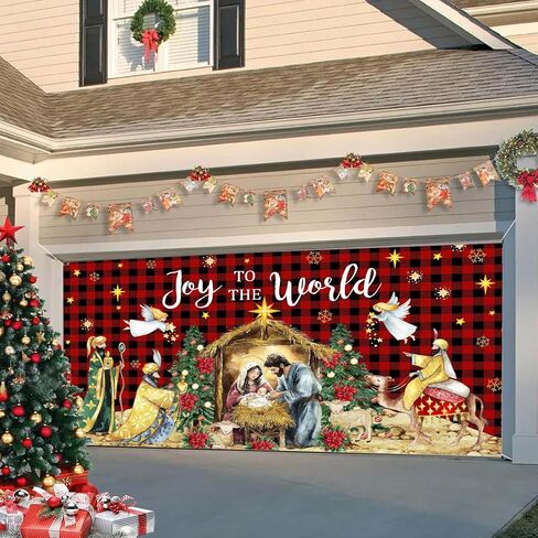 Christmas Nativity Garage Door Decoration Cover, Large Christmas Jesus Birthday Garage Door Banner Backdrop, Joy to The World Winter Holiday Supplies Party Background for Photo Decor 16X7FT in Saudi Arabia