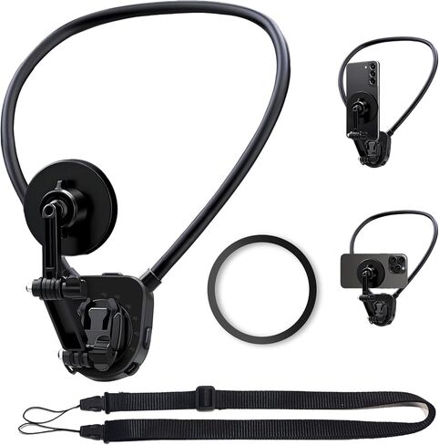 حامل تثبيت على رقبة الهاتف المغناطيسي الأسود من FitTSTILL متوافق مع iPhone 15/14/13/12 Pro Mini/Plus/Pro/Pro Max، حامل بدون استخدام اليدين لتسجيل الفيديو لملحقات الهاتف المحمول in Kuwait