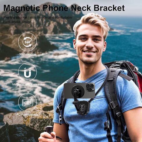 حامل تثبيت على رقبة الهاتف المغناطيسي الأسود من FitTSTILL متوافق مع iPhone 15/14/13/12 Pro Mini/Plus/Pro/Pro Max، حامل بدون استخدام اليدين لتسجيل الفيديو لملحقات الهاتف المحمول in Kuwait