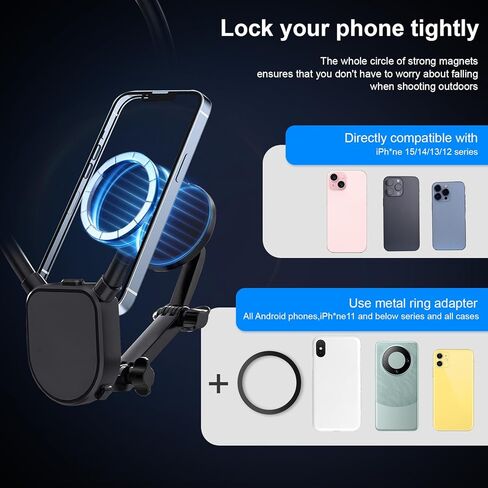 حامل تثبيت على رقبة الهاتف المغناطيسي الأسود من FitTSTILL متوافق مع iPhone 15/14/13/12 Pro Mini/Plus/Pro/Pro Max، حامل بدون استخدام اليدين لتسجيل الفيديو لملحقات الهاتف المحمول in Kuwait