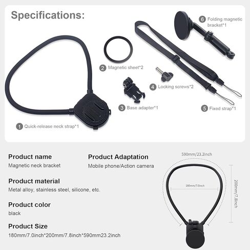 حامل تثبيت على رقبة الهاتف المغناطيسي الأسود من FitTSTILL متوافق مع iPhone 15/14/13/12 Pro Mini/Plus/Pro/Pro Max، حامل بدون استخدام اليدين لتسجيل الفيديو لملحقات الهاتف المحمول in Kuwait