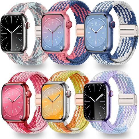 6 Pack Braided Stretchy Solo Loop Compatible with Apple Watch 46mm 45mm 44mm 41mm 40mm for Women Men Adjustable Magnetic Nylon Lightweight Elastic Strap for iWatch Ultra 2 SE Series 10 9 8 7 6 5 4 in Saudi Arabia