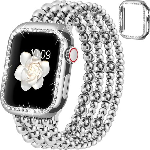 Beaded Bracelet & Bling Case Compatible With Apple Watch Band 40mm 44mm 45mm 41mm 38mm 42mm Women, Dressy Fancy Cute Stretchy Elastic Metal Beads iPhone Strap For iwatch Series 9 8 7 6 5 4 3 2 1 Se in Saudi Arabia