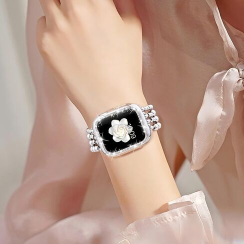 Beaded Bracelet & Bling Case Compatible With Apple Watch Band 40mm 44mm 45mm 41mm 38mm 42mm Women, Dressy Fancy Cute Stretchy Elastic Metal Beads iPhone Strap For iwatch Series 9 8 7 6 5 4 3 2 1 Se in Saudi Arabia